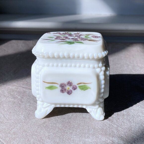 Westmoreland Milk Glass Trinket Box, Hand Painted, Sugared Floral, Vintage - Picture 4 of 11